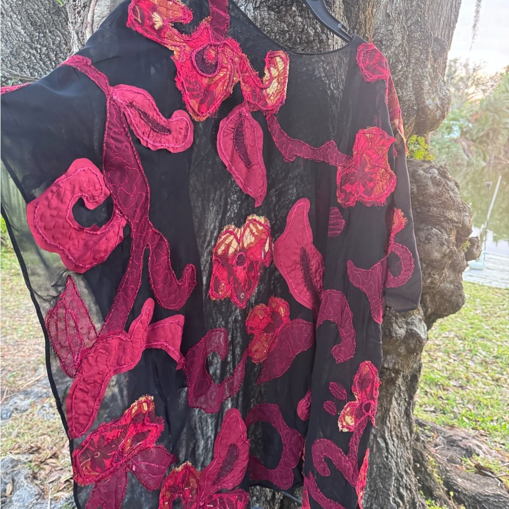 Wrap Shawl Black Sheer Multi Color & Red Appliqués Raw Seams One Size